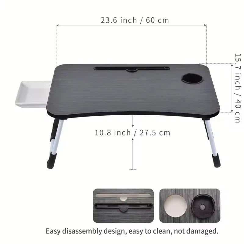 Folding table with cup holder drawer, laptop bed table, foldable tablet stand, laptop bed tray table, portable folding table, fo