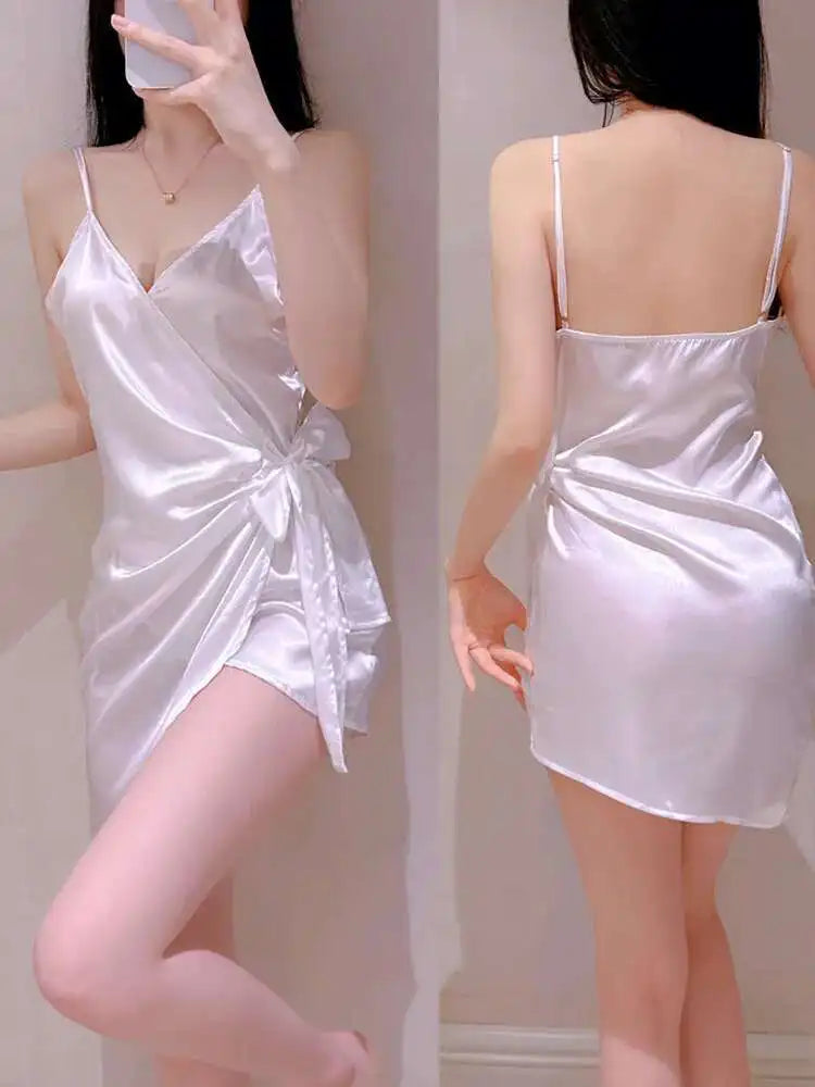 White Bow Mini Tank Dress Sweet Fashion Korean Women V Neck 2023 New Lingerie Uniform Ice Silk Robe Dress Elegant LOQ4