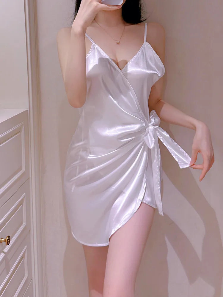White Bow Mini Tank Dress Sweet Fashion Korean Women V Neck  New Lingerie Uniform Ice Silk Robe Dress Elegant