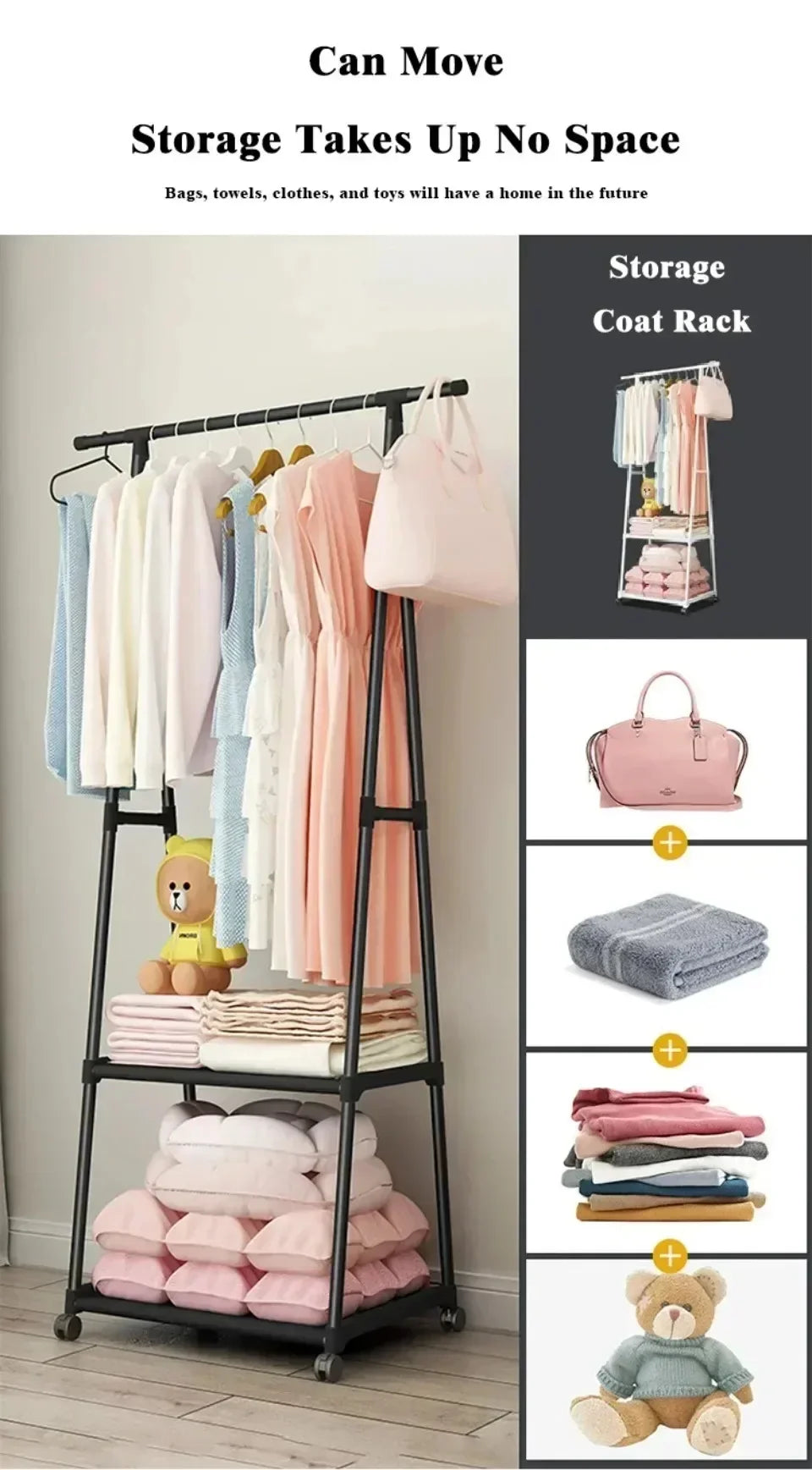 Mobile Clothes Hanger Triangle Floor Standing with Wheels Coat Rack Multi-function Household Bedroom Living Room Clothes Rack