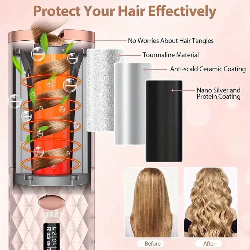 Portable Wireless Hair Curler for Waves & Curls LED Display 6 Heat Settings & Timers Travel & Home Use Cordless Automatic Curler