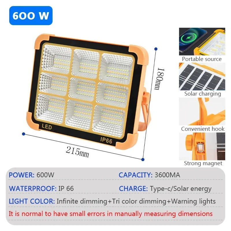 LED Solar Floodlight Outdoor IP66 Waterproof USB Rechargeable Magnet Strong Light Portable Camping Tent Fishing Light Work Light