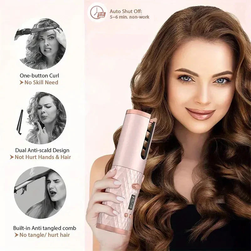 Portable Wireless Hair Curler for Waves & Curls LED Display 6 Heat Settings & Timers Travel & Home Use Cordless Automatic Curler