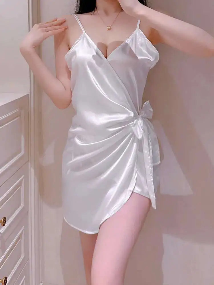 White Bow Mini Tank Dress Sweet Fashion Korean Women V Neck 2023 New Lingerie Uniform Ice Silk Robe Dress Elegant LOQ4