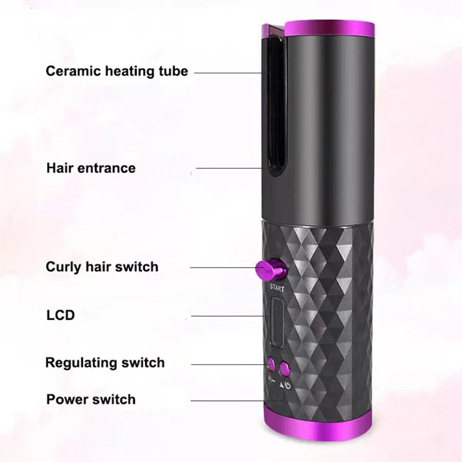 Portable Wireless Hair Curler for Waves & Curls LED Display 6 Heat Settings & Timers Travel & Home Use Cordless Automatic Curler