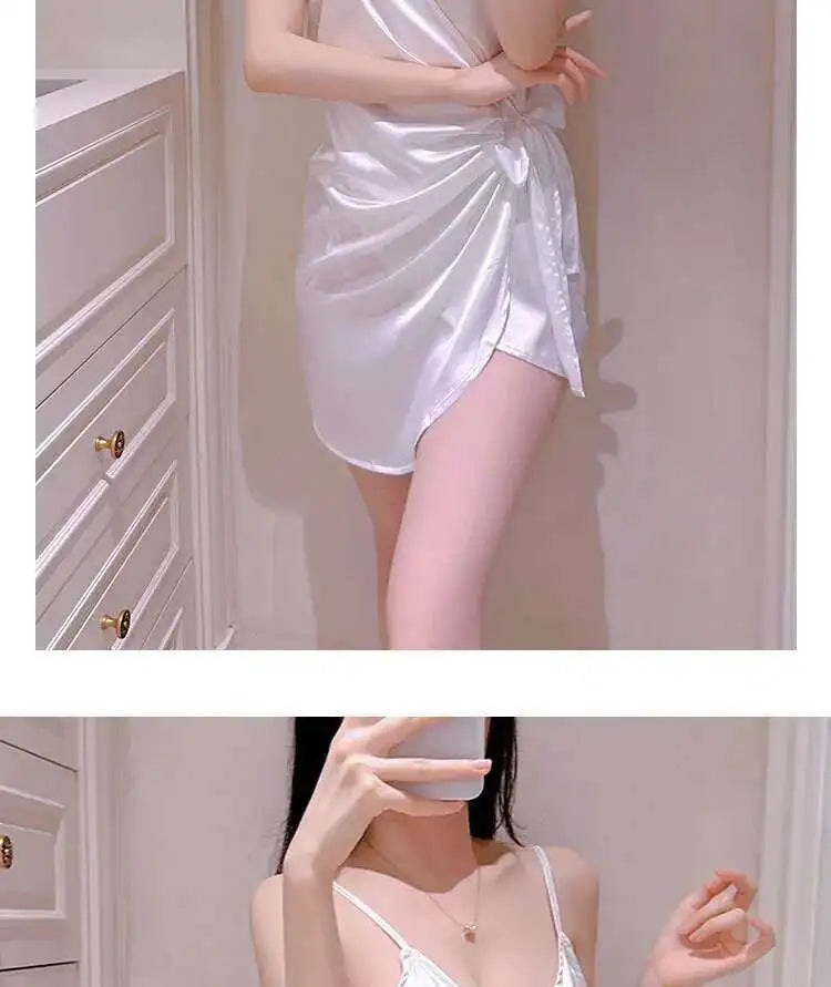 White Bow Mini Tank Dress Sweet Fashion Korean Women V Neck 2023 New Lingerie Uniform Ice Silk Robe Dress Elegant LOQ4