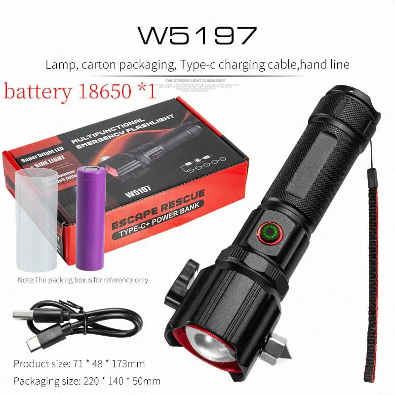 High Power Zoom LED Flashlight with USB Charging COB Safety Hammer Multi-functional Waterproof Aluminum Alloy White Laser Torch