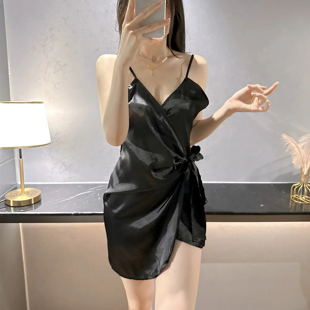 White Bow Mini Tank Dress Sweet Fashion Korean Women V Neck  New Lingerie Uniform Ice Silk Robe Dress Elegant