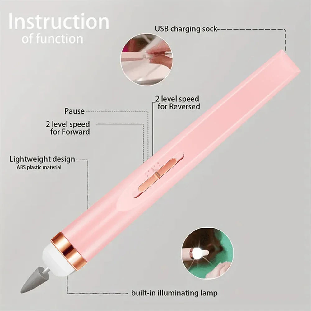 YIKOOLIN Portable Nail File Care Set LED Light Adjustable 4 Speed with 12 Attachment Drill Bits USB Charge Home Use