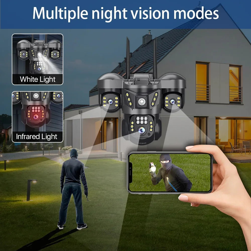 8K 15MP Three Screen WIFI Camera Three Lens Cameras Outdoor Waterproof Human Detection Color Night Vision 10X Zoom Security Cam