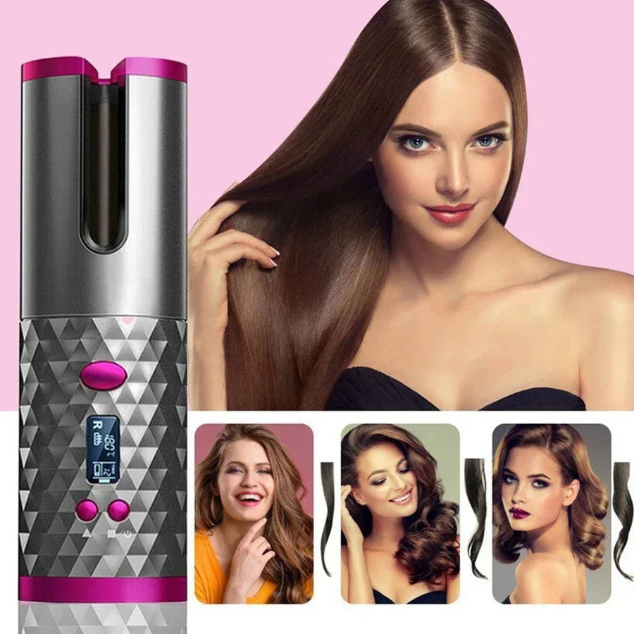 Portable Wireless Hair Curler for Waves & Curls LED Display 6 Heat Settings & Timers Travel & Home Use Cordless Automatic Curler