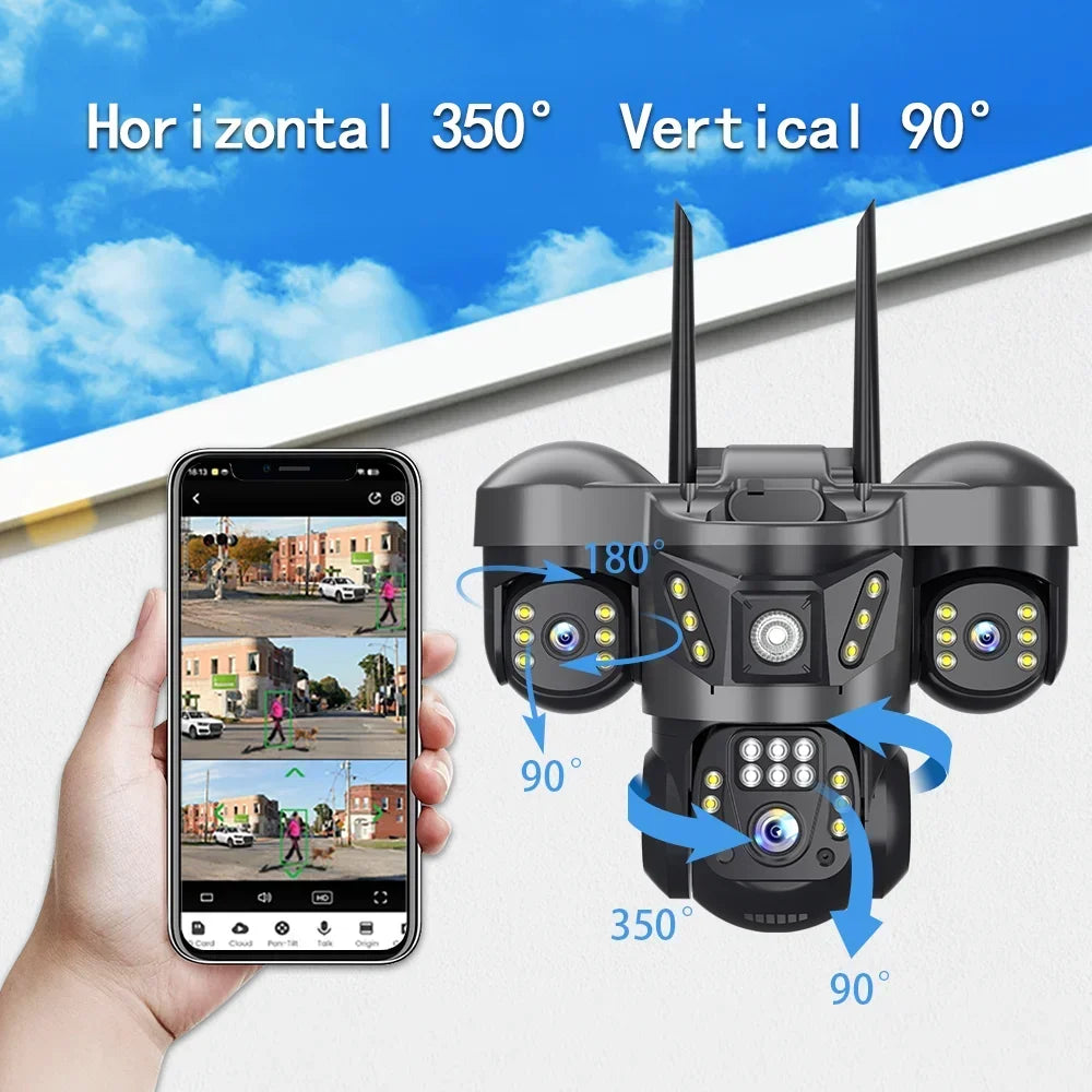 8K 15MP Three Screen WIFI Camera Three Lens Cameras Outdoor Waterproof Human Detection Color Night Vision 10X Zoom Security Cam