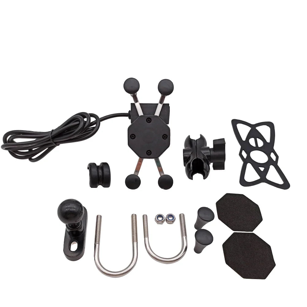 Motorcycle Mobile Phone Stand Holder With USB Charger 360 Rotatable