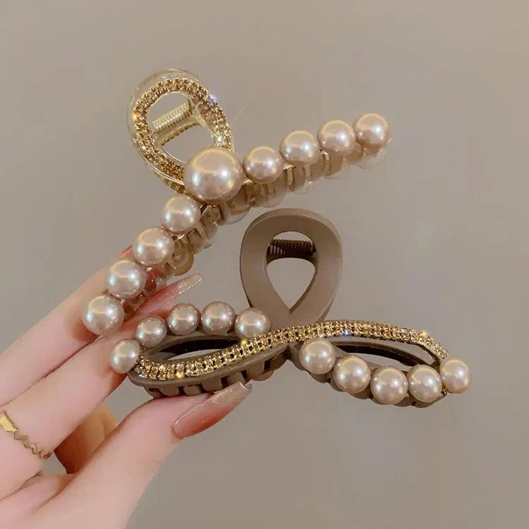 New 2024 Korean Champagne Color High-end Imitation Pearl Rhinestone Large Fashionable Girl's Back Hair Clip