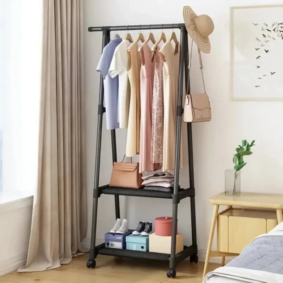 Mobile Clothes Hanger Triangle Floor Standing with Wheels Coat Rack Multi-function Household Bedroom Living Room Clothes Rack