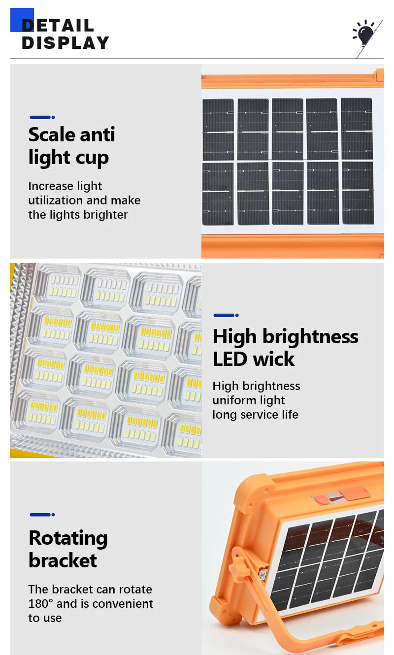 LED Solar Floodlight Outdoor IP66 Waterproof USB Rechargeable Magnet Strong Light Portable Camping Tent Fishing Light Work Light