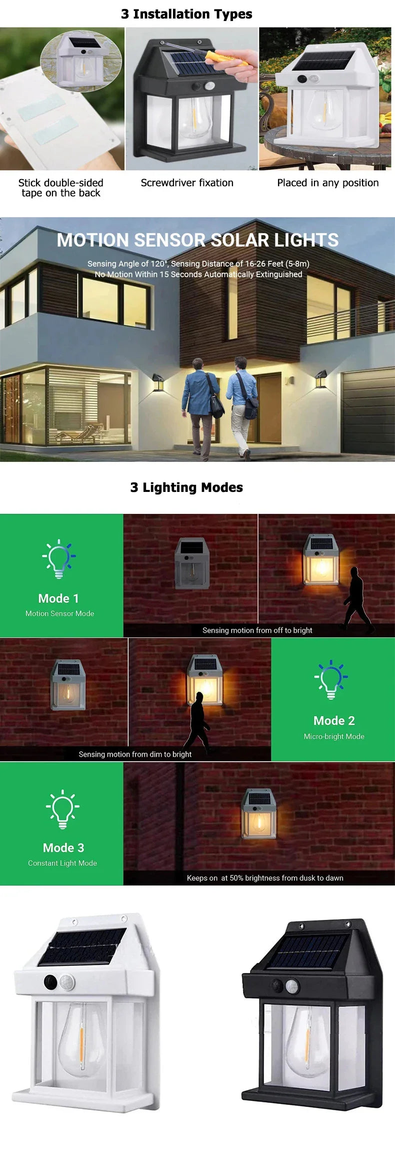 Outdoor Solar Tungsten LED Wall Light Motion Sensor Lamp Waterproof LED Safety Light for Patio Outdoor Deck Porch Barn Garage
