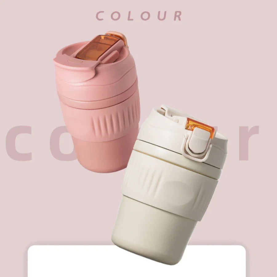 Double-wall vacuum straw insulated water bottle with portable snap-on lid for men and women, suitable for outdoor use.