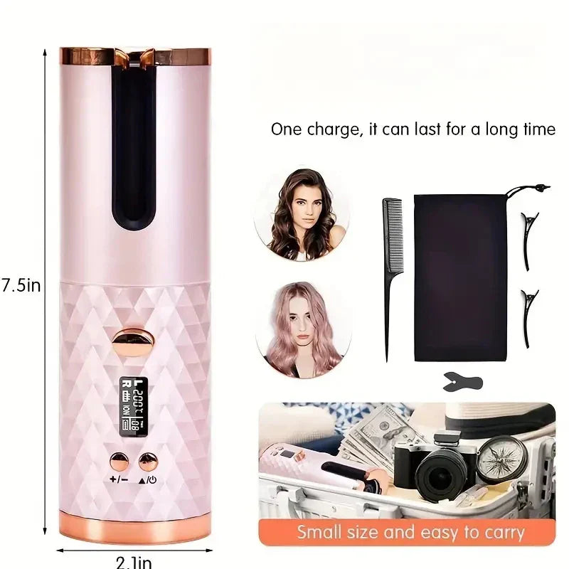 Portable Wireless Hair Curler for Waves & Curls LED Display 6 Heat Settings & Timers Travel & Home Use Cordless Automatic Curler
