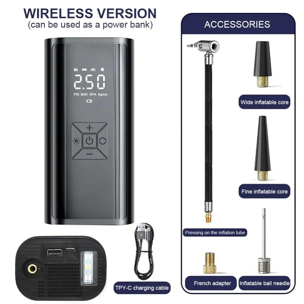 SUITU 120W Handheld Car Tire Inflator. It can be a wired inflator without a battery or a wireless inflator with a battery