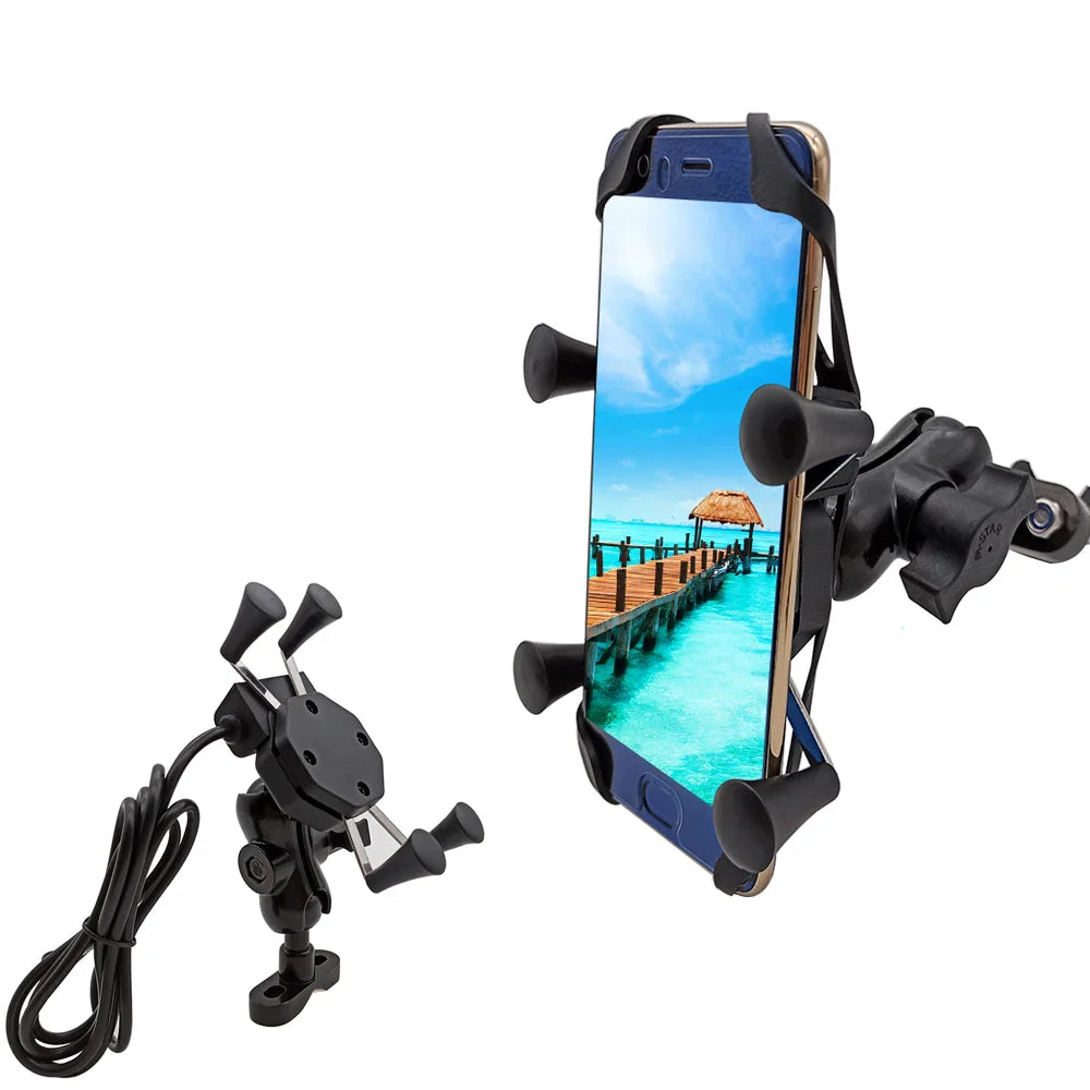 Motorcycle Mobile Phone Stand Holder With USB Charger 360 Rotatable