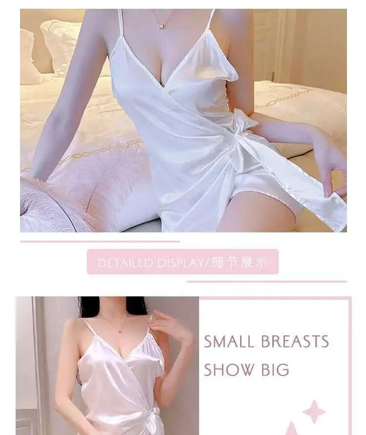 White Bow Mini Tank Dress Sweet Fashion Korean Women V Neck 2023 New Lingerie Uniform Ice Silk Robe Dress Elegant LOQ4