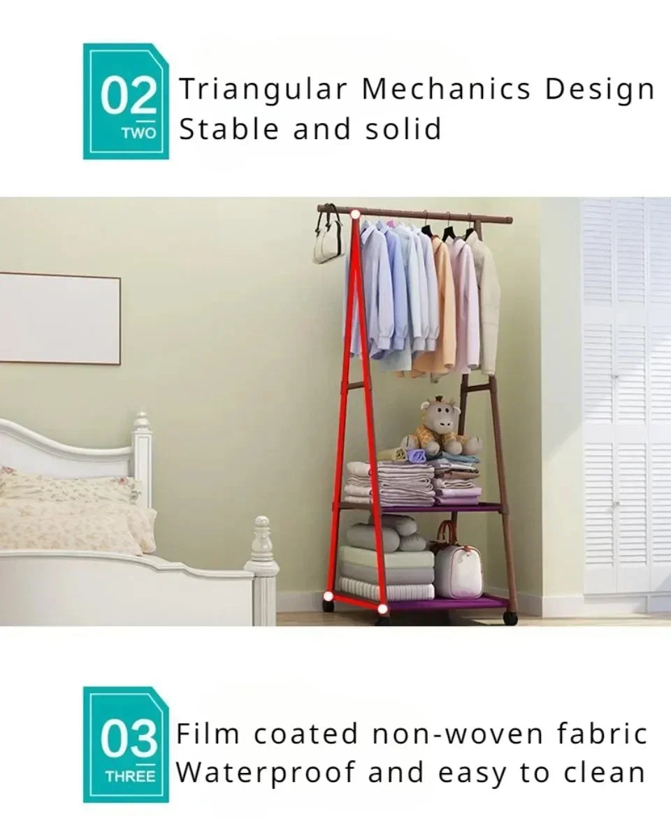 Mobile Clothes Hanger Triangle Floor Standing with Wheels Coat Rack Multi-function Household Bedroom Living Room Clothes Rack