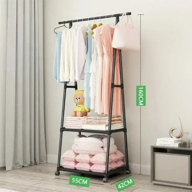 Mobile Clothes Hanger Triangle Floor Standing with Wheels Coat Rack Multi-function Household Bedroom Living Room Clothes Rack