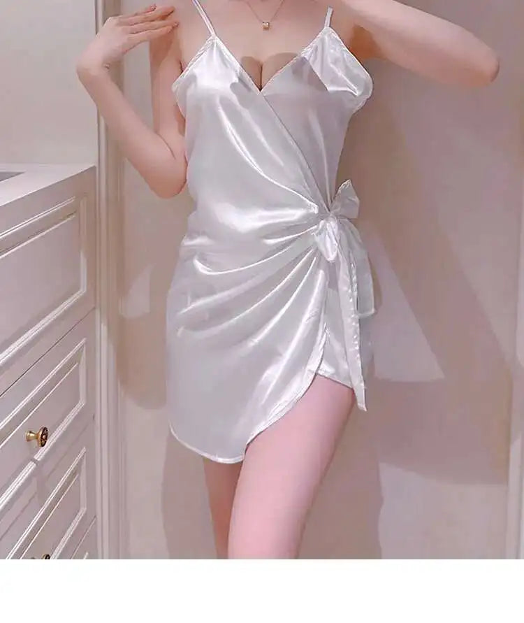 White Bow Mini Tank Dress Sweet Fashion Korean Women V Neck 2023 New Lingerie Uniform Ice Silk Robe Dress Elegant LOQ4
