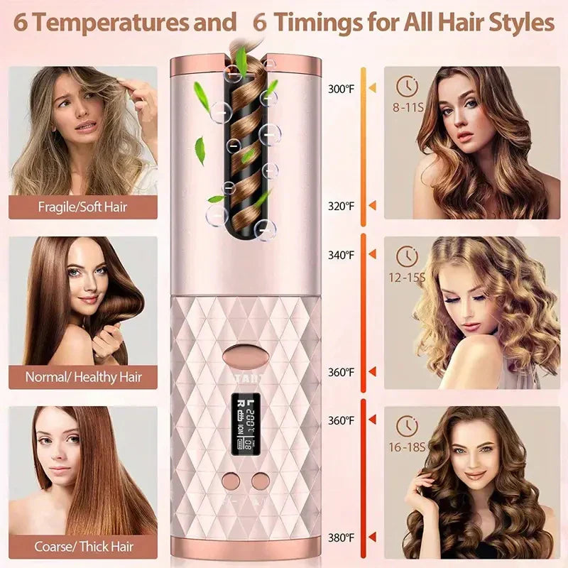 Portable Wireless Hair Curler for Waves & Curls LED Display 6 Heat Settings & Timers Travel & Home Use Cordless Automatic Curler