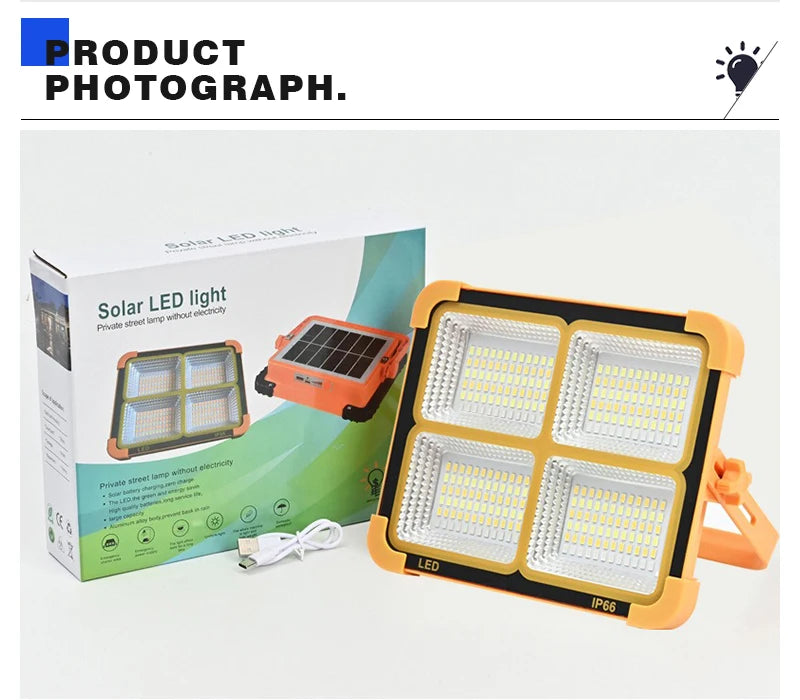 LED Solar Floodlight Outdoor IP66 Waterproof USB Rechargeable Magnet Strong Light Portable Camping Tent Fishing Light Work Light