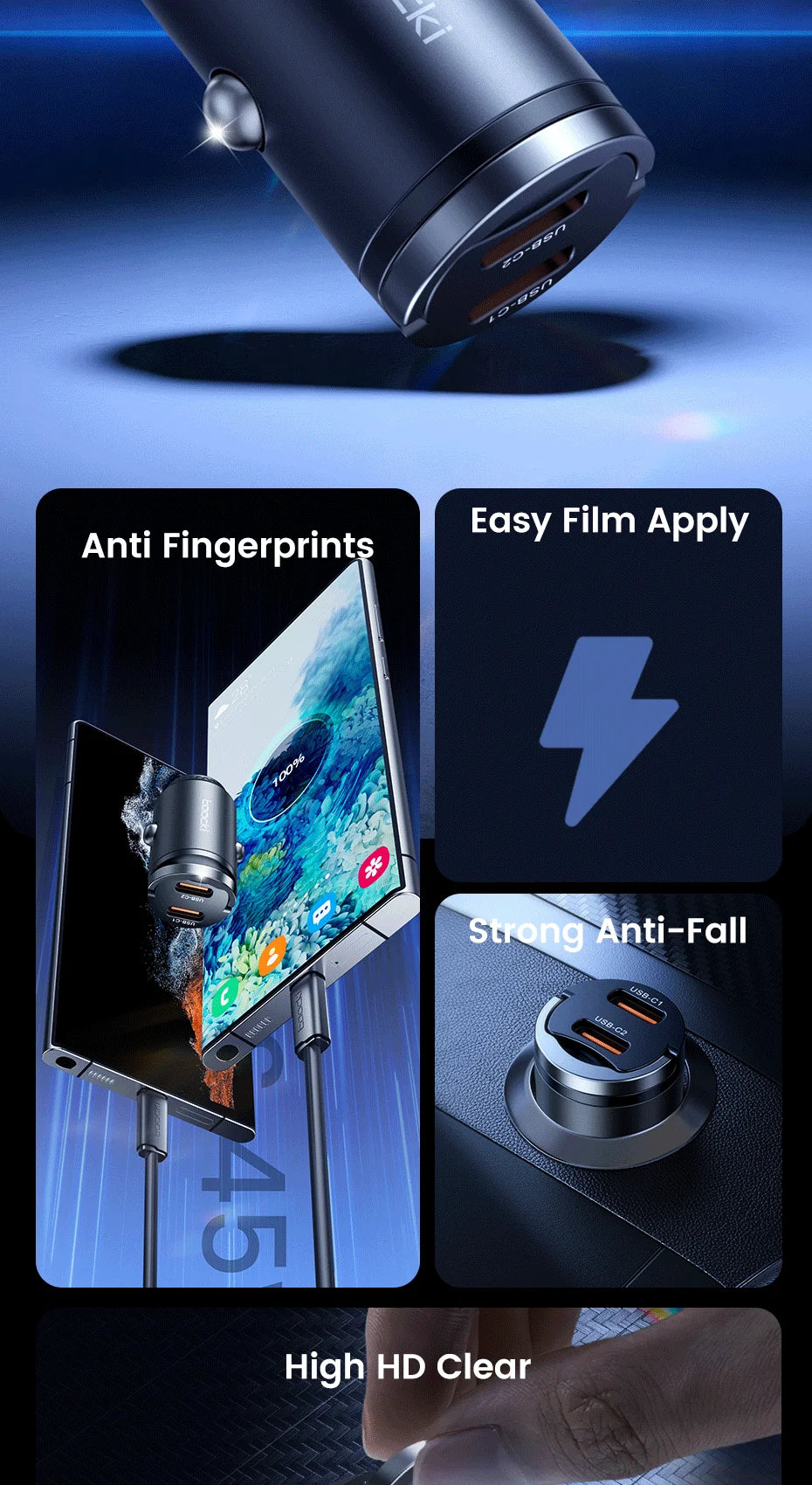 Toocki Mini PD 45W Car Charger Pull Ring Fast Charging USB C Phone Charger Adapter For iPhone 14 13 Pro Xiaomi Samsung Huawei