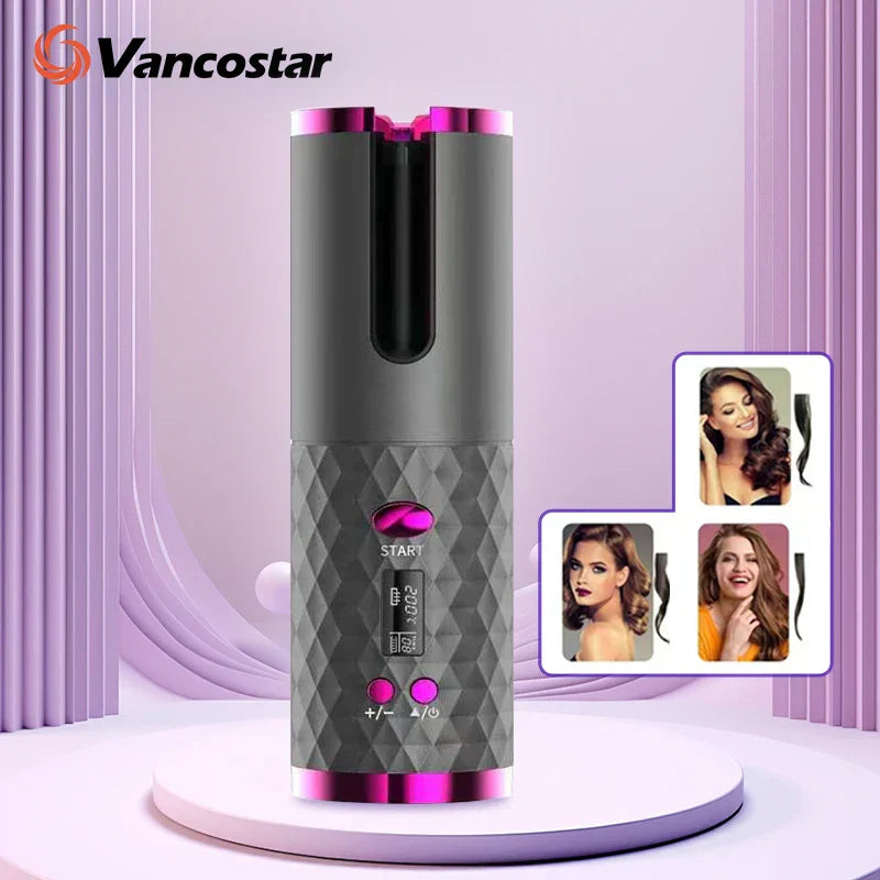 Portable Wireless Hair Curler for Waves & Curls LED Display 6 Heat Settings & Timers Travel & Home Use Cordless Automatic Curler