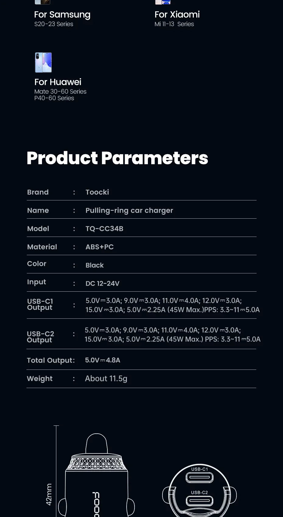 Toocki Mini PD 45W Car Charger Pull Ring Fast Charging USB C Phone Charger Adapter For iPhone 14 13 Pro Xiaomi Samsung Huawei