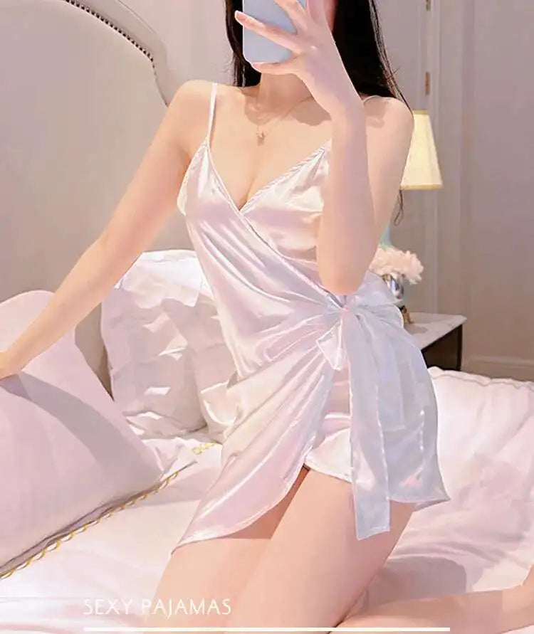 White Bow Mini Tank Dress Sweet Fashion Korean Women V Neck 2023 New Lingerie Uniform Ice Silk Robe Dress Elegant LOQ4